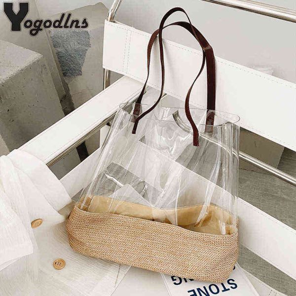 

shopping bags women fashion transparent pvc +straw shoulder rattan designer large capacity handbags female wicker woven summer tote purse220