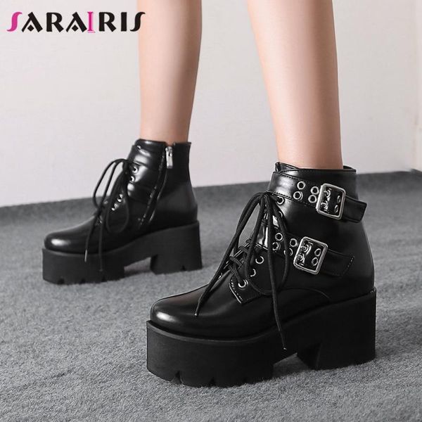 

sarairis buckle platform chunky heel lace up boots women fashion design casual boots ladies black punk ankle shoes