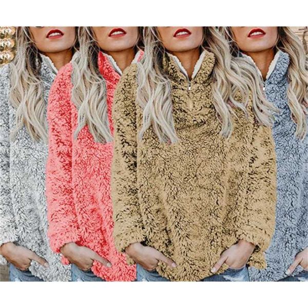 

women sherpa pollover autumn fleece hoodies long sleeve turtleneck sweatshirts zipper v-neck outwear casual clothes m353, Black
