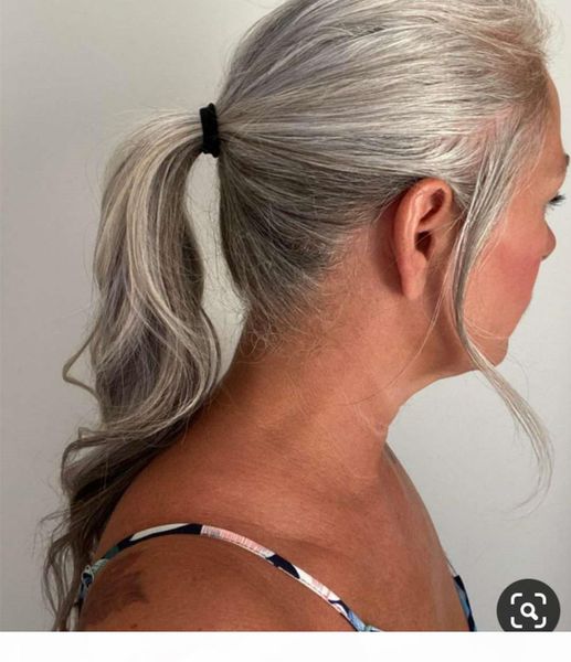 

selling wavy grey pony tail hairpiece salt and pepper natural highlight long grey hair ponytail wraps around silver grey, Black