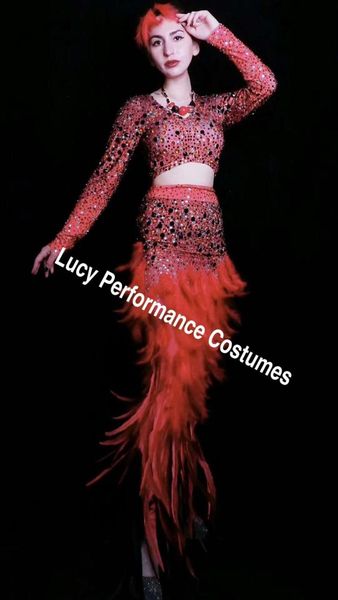 

new nightclub one piece dress long dress tail feather light diamond print christmas party costume, Black;red
