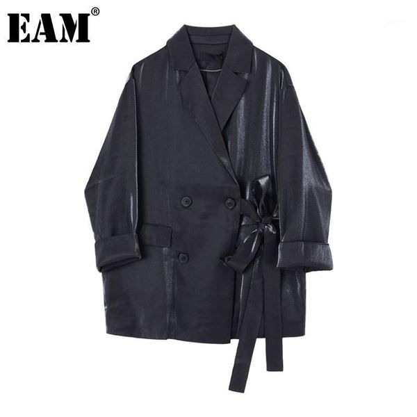 

eam] women black bandage split big size blazer new lapel long sleeve loose fit jacket fashion tide spring autumn 2020 1z7771, White;black