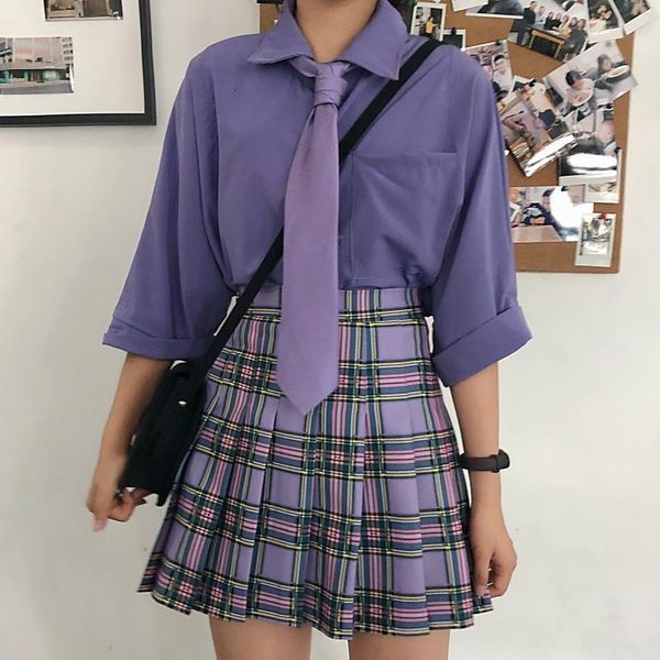 

new arrival gothic punk harajuku women chic preppy style high waist purple plaid pleate female fashion mini skirts, Black
