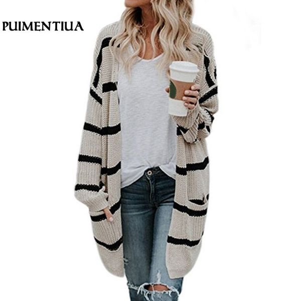 

puimentiua autumn cardigan women open stitch knitted striped cardigan sweater female jumper coat plus size clothes outwear y200106, White;black