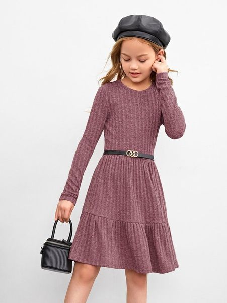 

girls round neck rib-knit ruffle hem dress she, Red;yellow