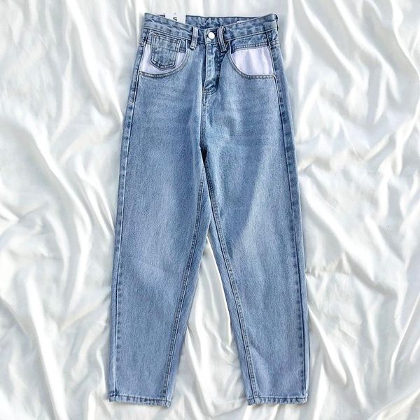 

light blue high waist pocket design slim straight casual denim trousers1