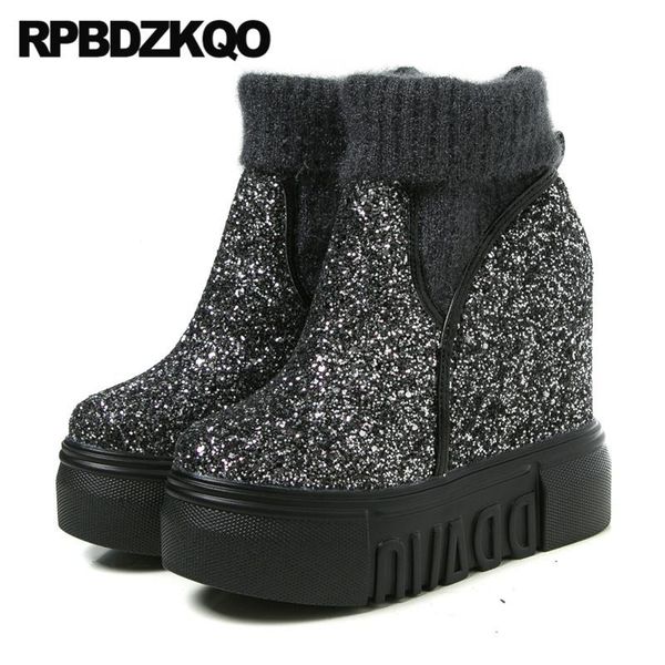 

boots silver casual wedge women ankle 2021 round toe autumn winter shoes waterproof fur knit glitter platform hidden sparkly, Black