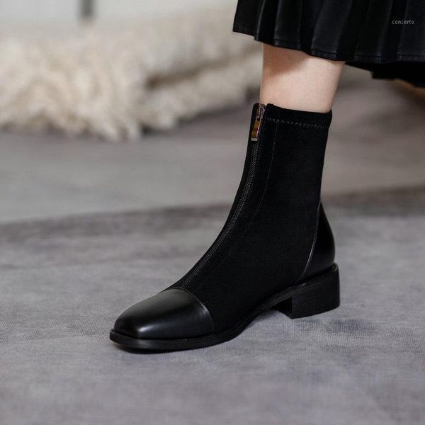 

eshtonshero shoes winter woman ankle boots flock leather new arrivals square low heel ladies motorcycle work boots size 33-401, Black