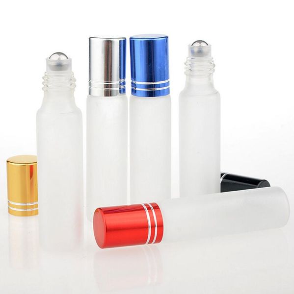 Garrafas de rolos 200pcs / Lot vidro 10ml geado com bolas de rolos de aço inoxidável, óleos essenciais vaso