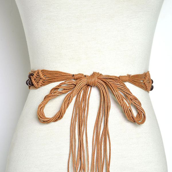

handmade design ladies bohemian braided belt female weave wooden bead commerbund for women waistband cinto feminino vkac1026, Black;brown