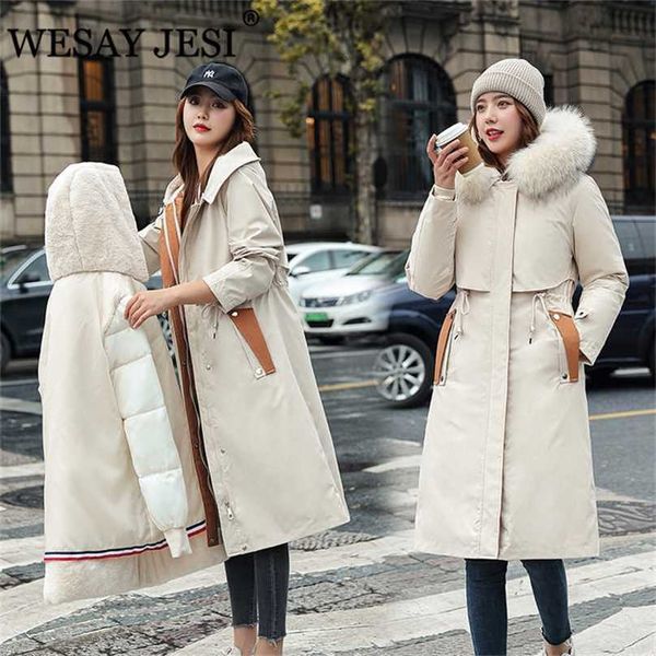 

wesay jesi women's winter coat long parkas down female casual zipper pocket jacket hooded with fur thicken warm 211216, Black