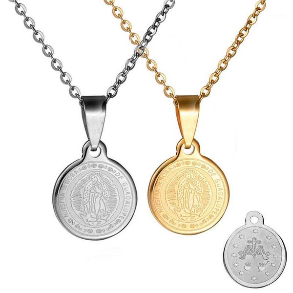 

virgin mary pendant religious necklace catholic stainless steel prayers carved coin necklace jewelry silver black gold for women1