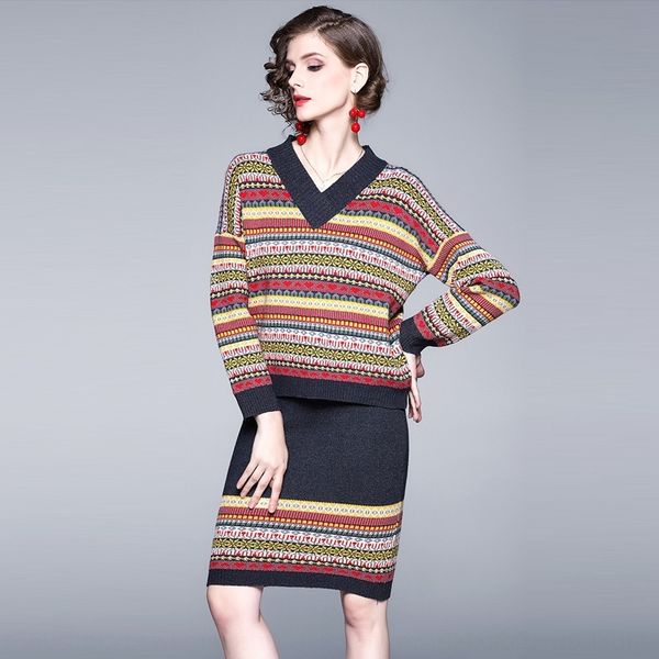 

wgprb 2019 new sweater sweaterautumn women's women embroidered v-neck long-sleeved striped sweater for mid-skirt fashion suit two-piece, Gray