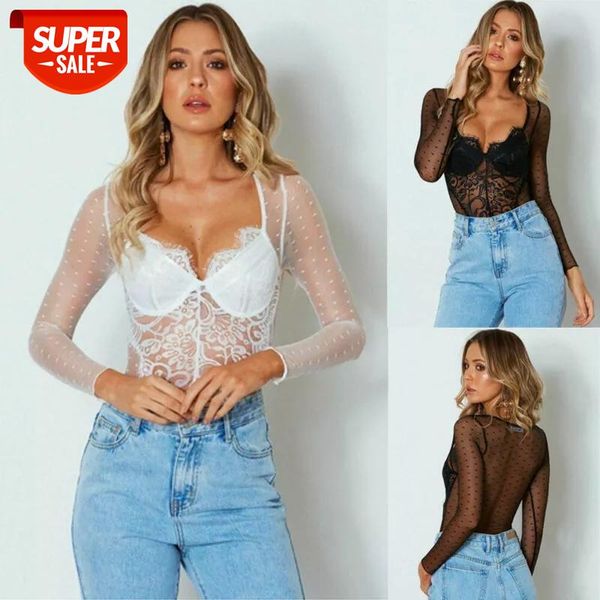 

women fashion stretch deep plunge v neck long sleeeve bodysuit exotic apparel teddies bodysuits ladies jumpsuit leotard #qh3q, Black;white