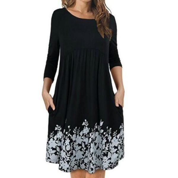 

long sleeve round neck loose pocket print dress sizexl, Black;pink