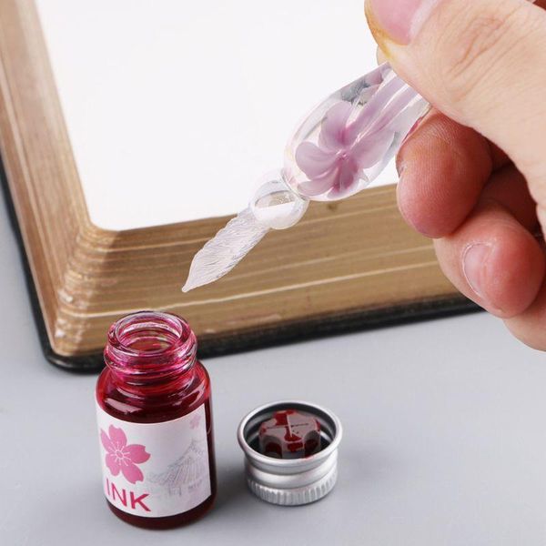 

13pcs/set cherry blossom rain bottled dip glass pen ink with fountain dip writing signature pen art supplies gifts r91a, Black;red