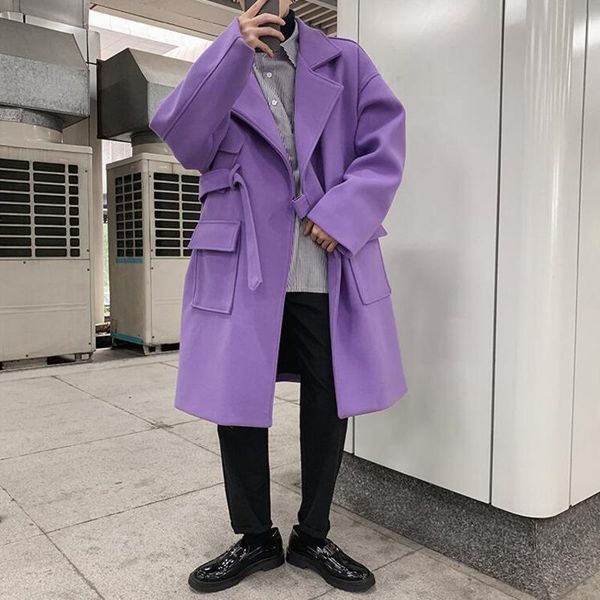 

men's wool & blends autumn winter long woolen coat fashion casual belt men streetwear korean oversize mens overcoat, Black