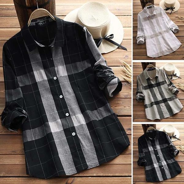 

plus size tunic womens check blouse 2021 casual plaid female button lapel shirts chemise office work blusas woman 5xl, White