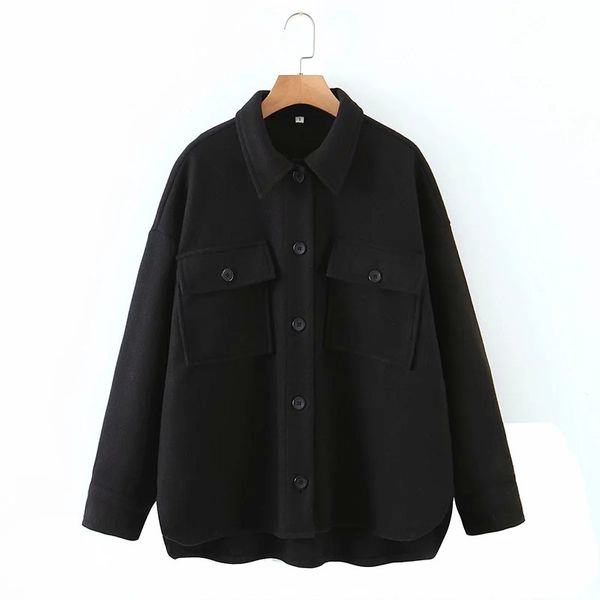 

2021 new women new black simplicity chest pocket jacket female lapel long sleeves coat 436k, Black;brown