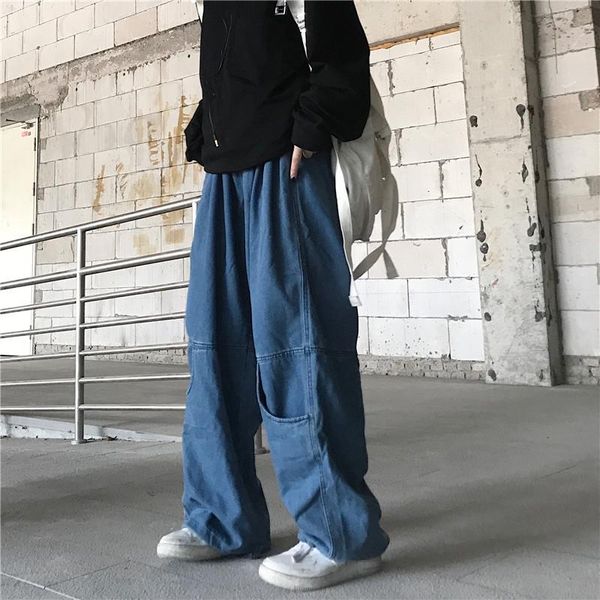 

men's jeans 2021 fashion oversize hip hop baggy men big pockets casual male long denim trousers harajuku loose cargo pants man, Blue