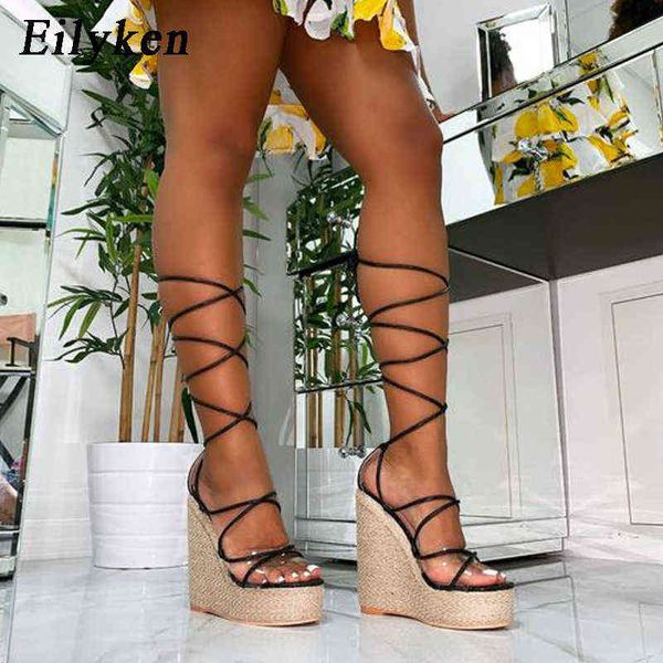 

eilyken 2022 new champagne gold women sandals black lace-up peep toe summer wedges high heels large size 35-42 elegant sandals y220209