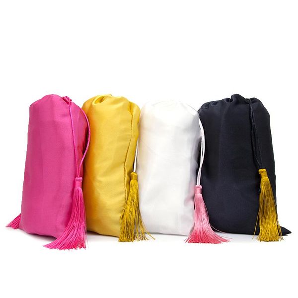 

blank pink white black hair bundles satin silk packaging bags with tassles virgin hair extensions packing bags wigs 18x30cm