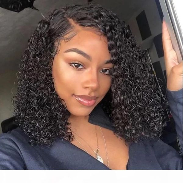 

brazilian jerry curly short bob lace front human hair wigs pre plucked for black women 13x4 deep wave frontal wig curly wig, Black;brown