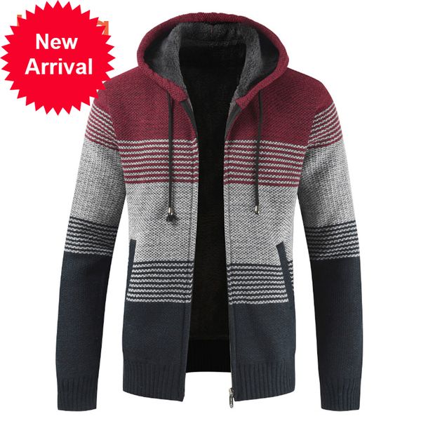 

2021 new sweater spring thick warm hooded cardigan jumpers jacket men striped cashmere wool liner zipper fleece coat fhu9, Black