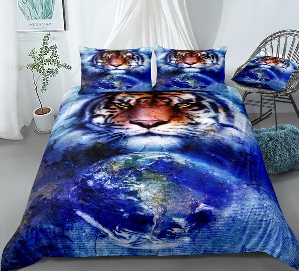 

tiger duvet cover set blue cosmic space bedding earth and stars crackle effect quilt cover animal queen bed set tiger dropship