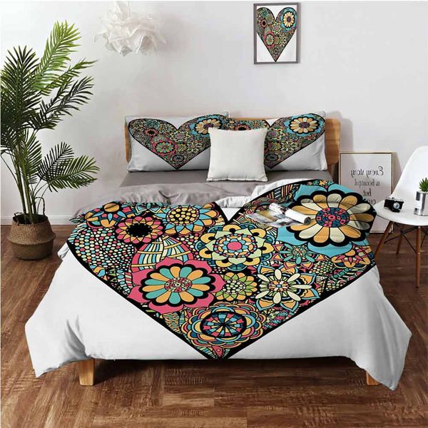 

hand drawn flowers within heart doodle inspired artwork with vibrant colorsbedding 3-piece set