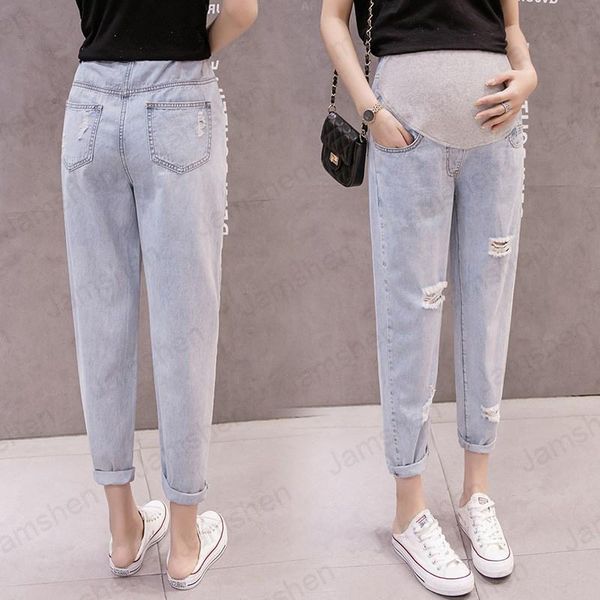 

2020 summer thin section stomach lift ultra-thin denim pregnant women jeans eight-point jeans old pants pregnant women, White