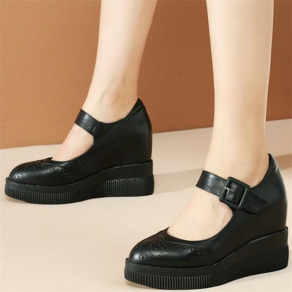 

boots 2021 women genuine leather wedges high heel ankle female strap pointed toe platform fashion sneakers casual shoes, Black