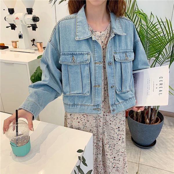 

2021 washed for women autumn cotton vintage loose big pocket single breasted short denim jacket female rz3i, Black;brown