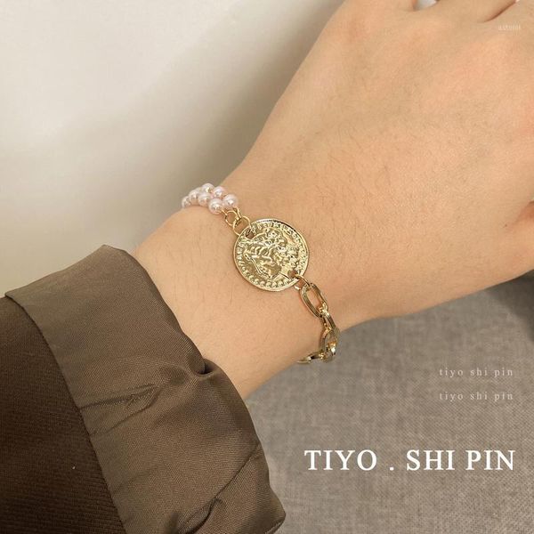 

creative patchwork pearl bracelet women korean version of simple personality head pendant e bracelet fashion1, Golden;silver