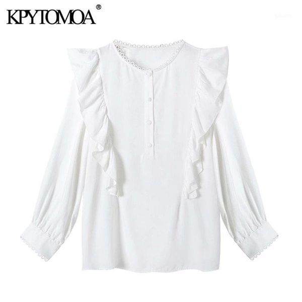 

kpytomoa women 2021 fashion with ruffled button-up blouses vintage o neck long sleeve female shirts blusas chic 1, White