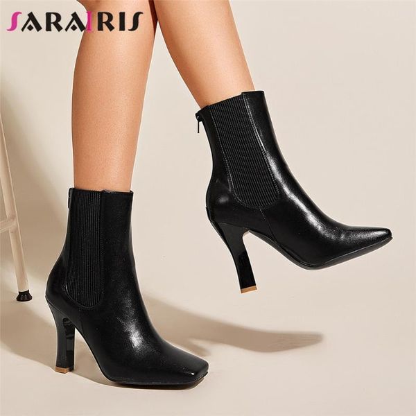 

sarairis brand new female 2020 office elegant boots ankle boots women solid square toe thick high heels zip shoes woman, Black