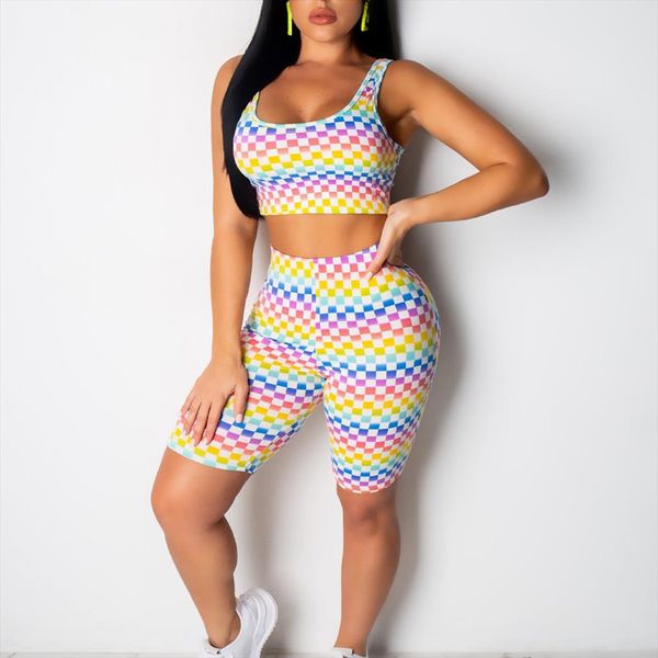 

печать без рукавов crop top байкер шорты двухкусочный набор bodycon эластичный пояс короткие штаны женщины костюм сексуальная женщин спортив, Gray