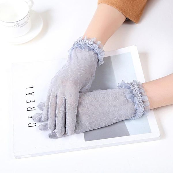 

five fingers gloves women lace sunscreen transparent driving ladies summer full finger weddingg party, Blue;gray