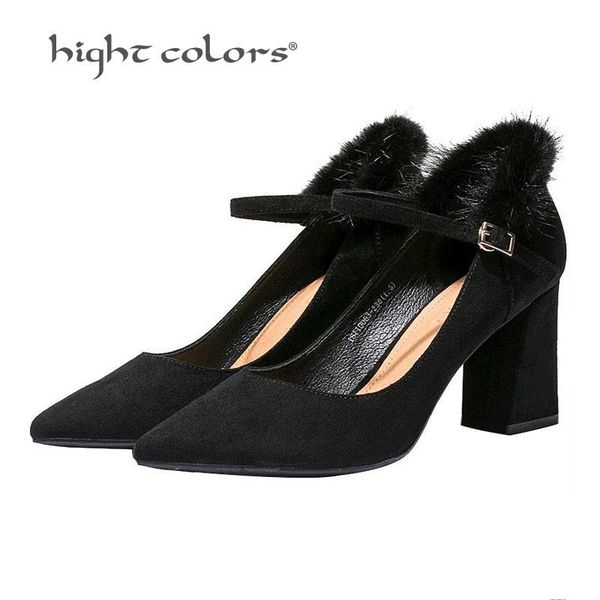 

women pumps spring new 2020 autumn shoes woman ankle buckle strap pumps faux suede leather pointed toe block high heels zsn0-19, Black
