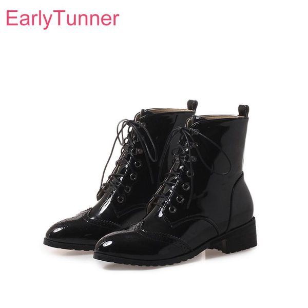 

boots brand autumn glamour black white women riding vogue lace up lady shoes med heels es025 plus big size 10 32 43