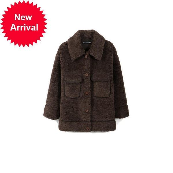 

new autumn 2021 new trend sheep shearing high street coat brown woman granular wool long lapel jacket outwear 9za8, Black;brown