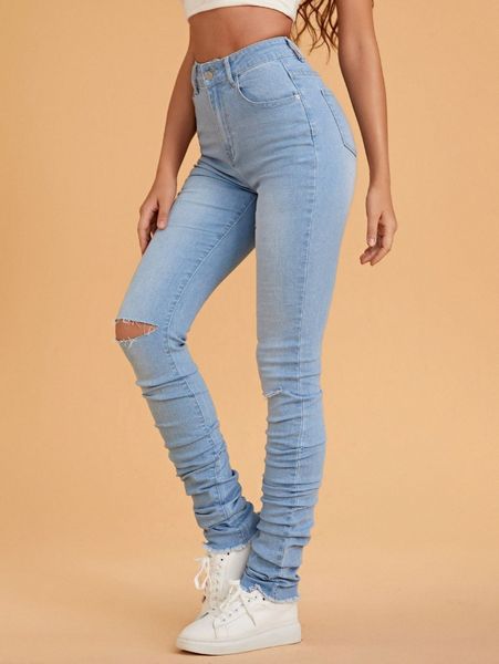 

stone wash ripped ruched skinny jeans p2az#, Blue