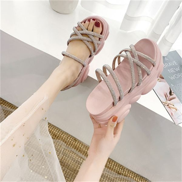 

new female 2021 summer stout crystal straps fashion sandals thick bottom heels woman sandalias 34-39 emhv, Black