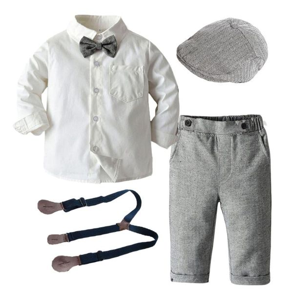 

boys long sleeve clothes for 1 3 5 years toddler set hat + shirt + bow tie pants fashion party wedding handsome gentleman suit, White