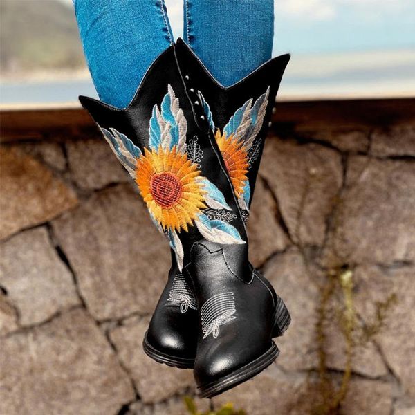 

2020 autumn winter woman floral mild-calf boots women embroidery pu leather boots female flat platform cowboy plus size, Black