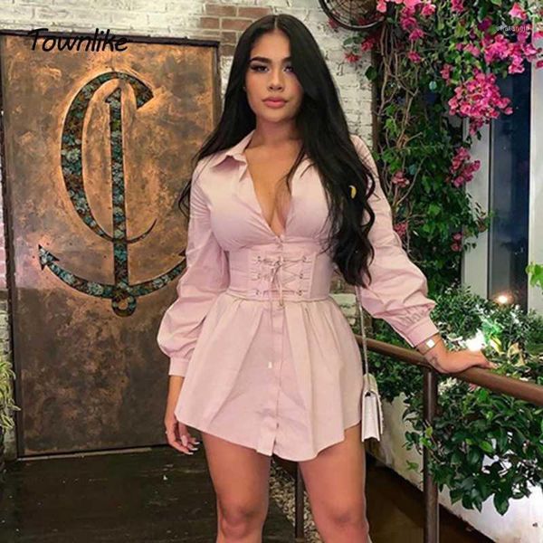 

townlike deep v neck mini shirt dress women sucking waist bodycon dresses 2020 party long sleeve autumn winter dress1, Black;gray