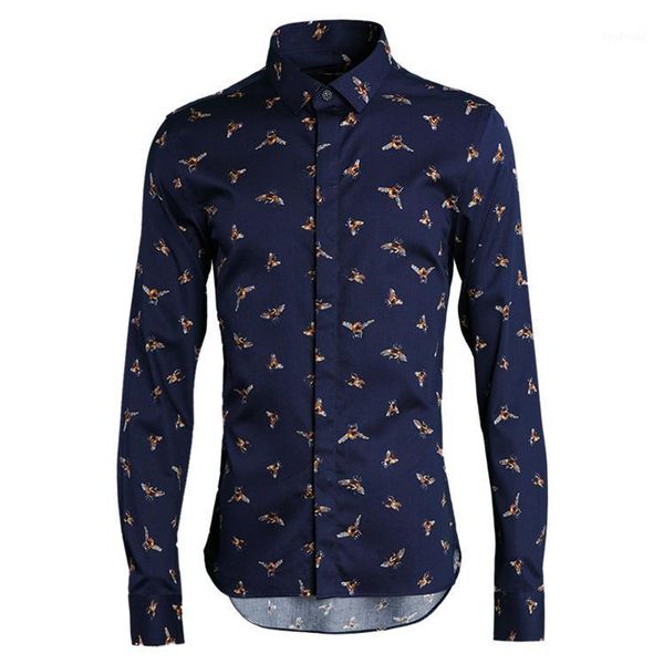 

100% cotton men shirt fashion bee allover printed men shirt long sleeve dress luxury mens shirts casual slim fit1, White;black