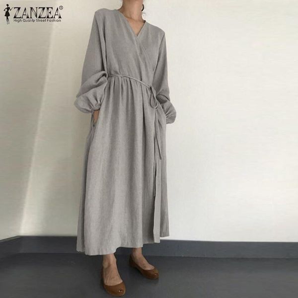 

kaftan lantern sleeve sundress zanzea women linen maxi dress autumn casual one piece vestidos female v neck long robe plus size, Black;gray