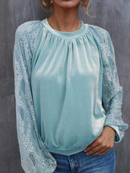 

contrast lace bishop sleeve keyhole back velvet pullover v6tf#, White;black