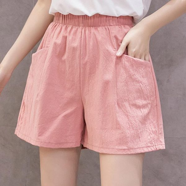 

women's shorts short summer loose elastic sport casual waist cotton linen pink pocket beach, White;black